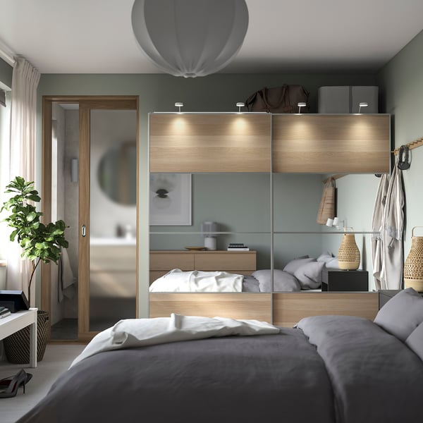 PAX / MEHAMN/AULI wardrobe combination, white stained oak effect double sided/white stained oak effect mirror glass, 200x66x201 cm