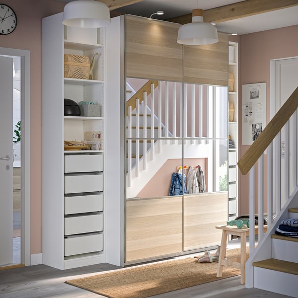 PAX / MEHAMN/AULI wardrobe, white double sided/white stained oak effect mirror glass, 250x66x236 cm