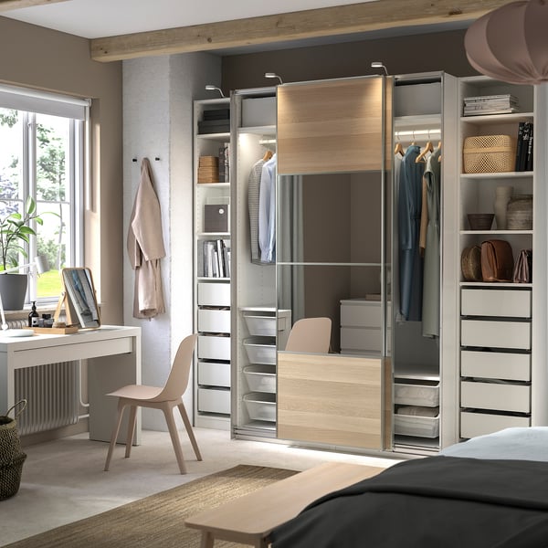 PAX / MEHAMN/AULI wardrobe, white double sided/white stained oak effect mirror glass, 250x66x236 cm