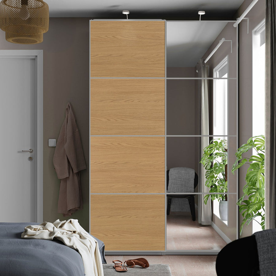 PAX / MEHAMN/AULI wardrobe with sliding doors, white aluminium/oak effect mirror glass, 150x66x236 cm