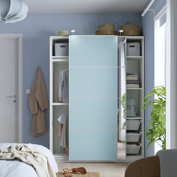 PAX / MEHAMN/AULI wardrobe with sliding doors, white double sided/light blue mirror glass, 150x43x201 cm