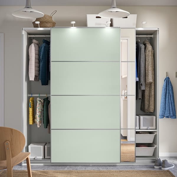 Ikea PAX / MEHAMN/AULI - Wardrobe with sliding doors, white double-sided/light green mirrored glass,200x66x201 cm