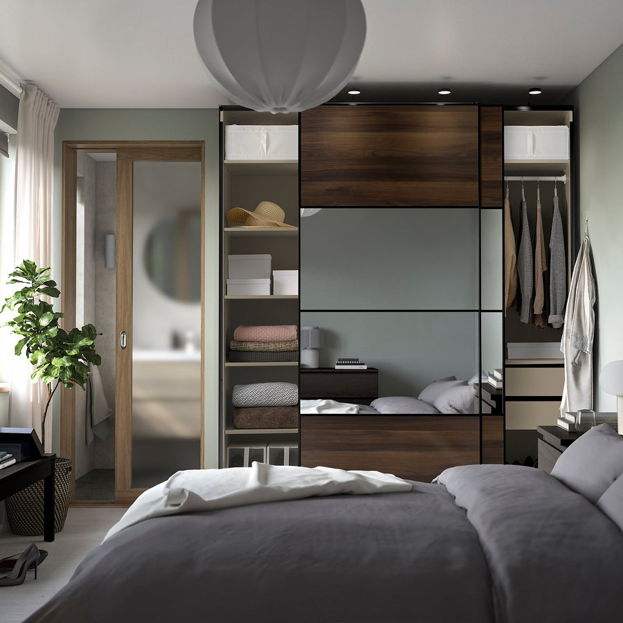 PAX / MEHAMN/AULI wardrobe with sliding doors, grey-beige black/dark brown oak effect mirror glass, 200x66x236 cm