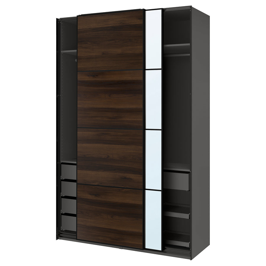 PAX / MEHAMN/AULI wardrobe with sliding doors, dark grey black/dark brown oak effect mirror glass, 150x66x236 cm