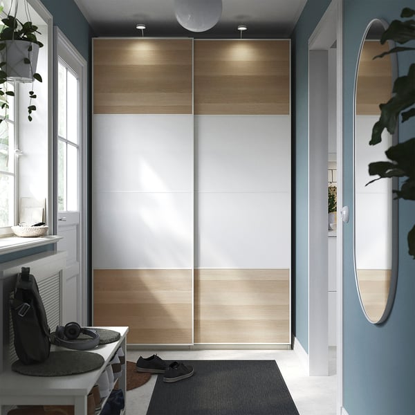 PAX / MEHAMN wardrobe combination, white/double sided white stained oak effect, 150x43x236 cm