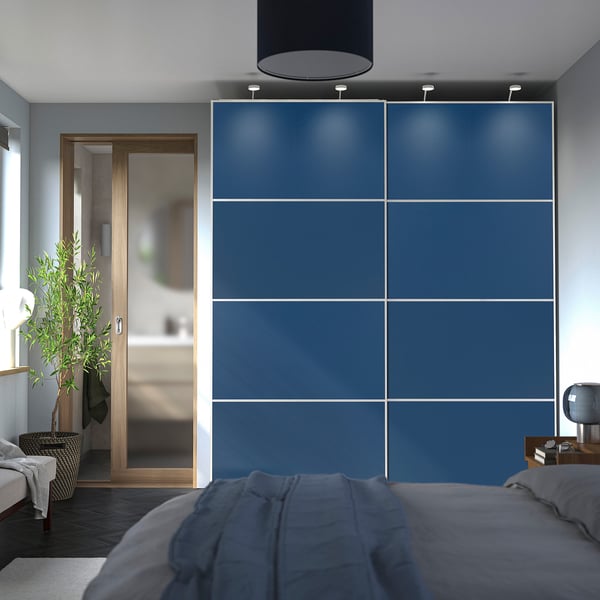 PAX / MEHAMN wardrobe with sliding doors, white white/double sided blue, 200x66x236 cm