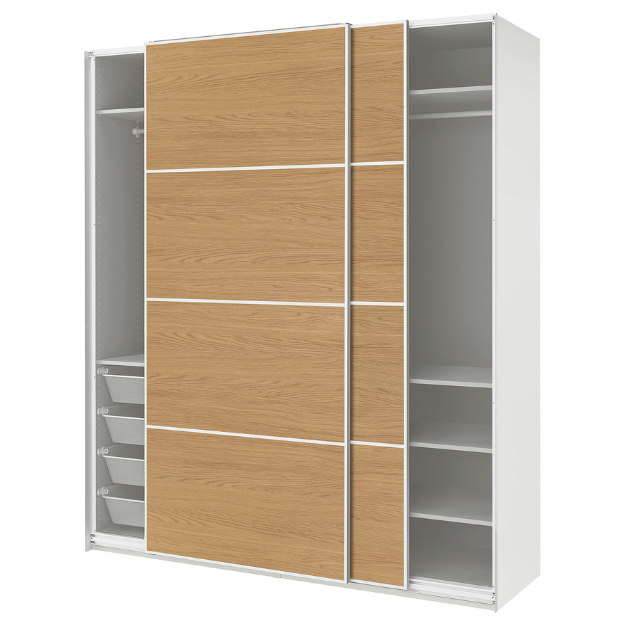 PAX / MEHAMN wardrobe with sliding doors, white white/double sided oak effect, 200x66x236 cm