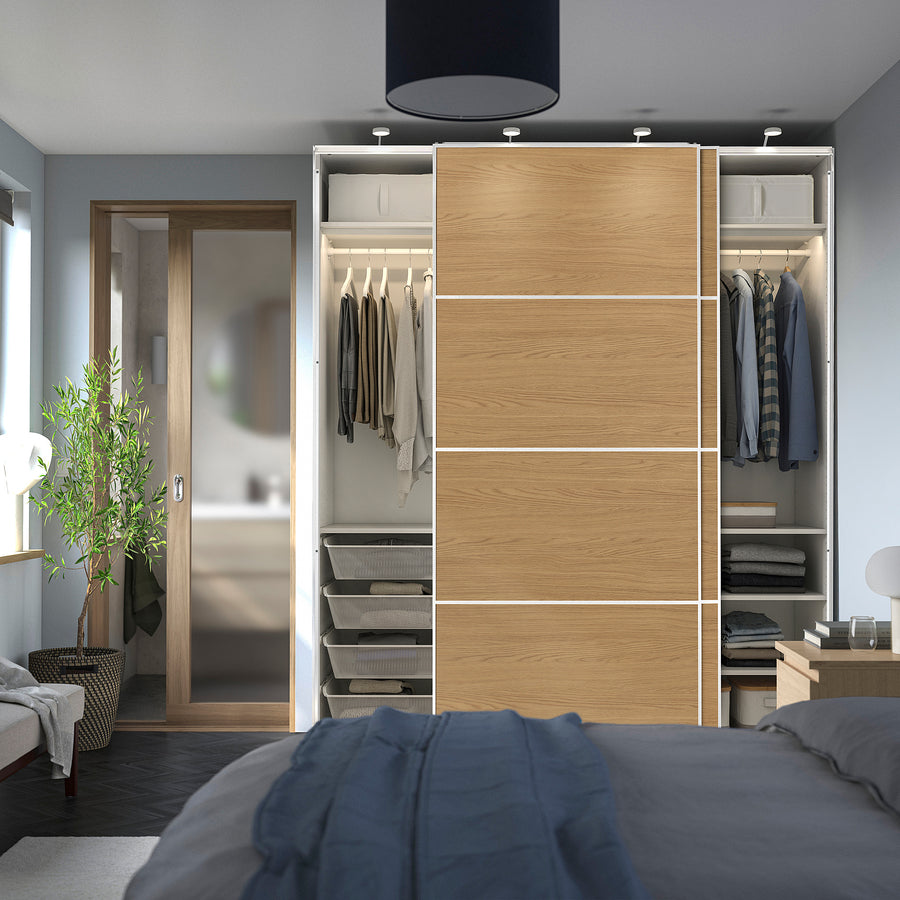 PAX / MEHAMN wardrobe with sliding doors, white white/double sided oak effect, 200x66x236 cm