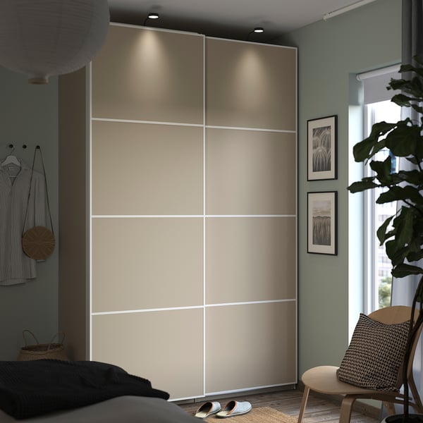 PAX / MEHAMN wardrobe with sliding doors, grey-beige/double sided grey-beige, 150x66x236 cm