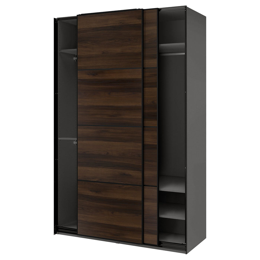 PAX / MEHAMN wardrobe with sliding doors, dark grey black/double sided dark brown oak effect, 150x66x236 cm