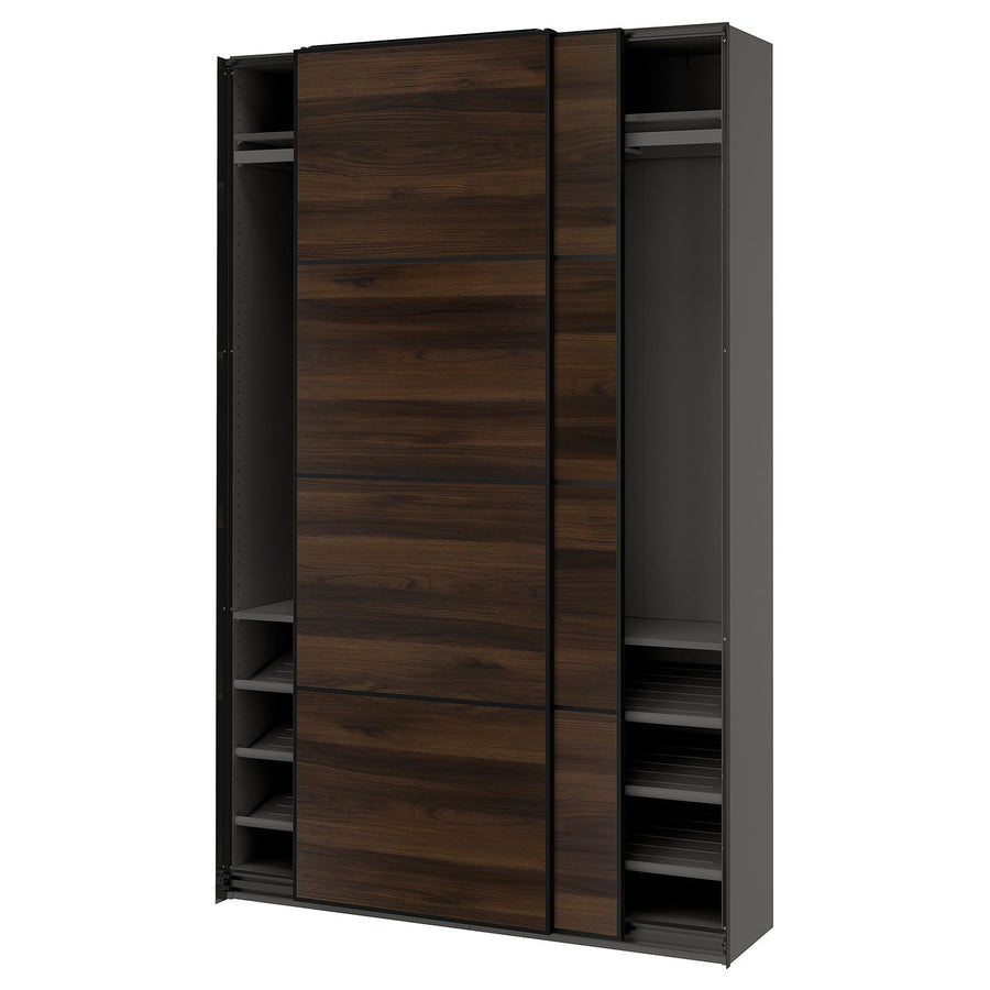 PAX / MEHAMN wardrobe with sliding doors, dark grey black/double sided dark brown oak effect, 150x43x236 cm