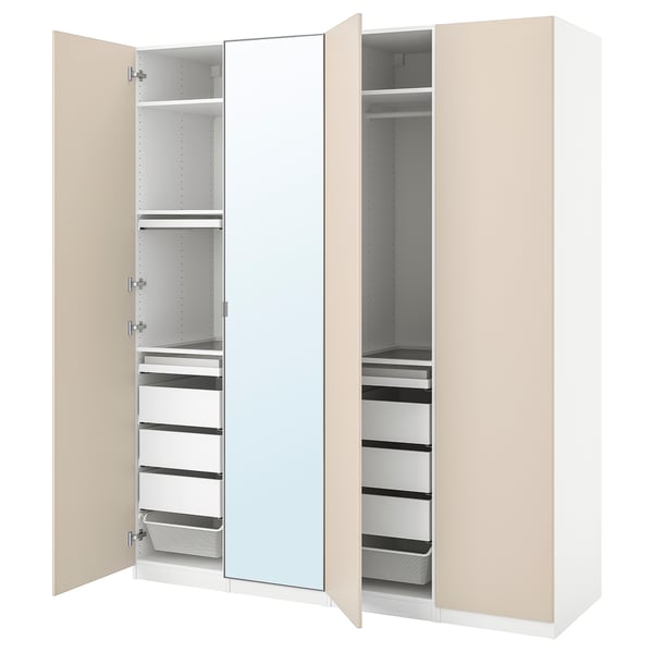 PAX / REINSVOLL/ÅHEIM wardrobe combination, white/grey-beige mirror glass, 200x60x236 cm