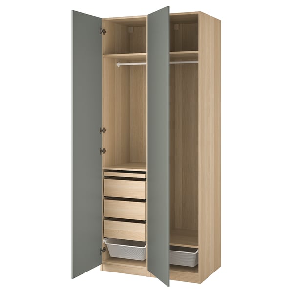 PAX / REINSVOLL wardrobe combination, white stained oak effect/grey-green, 100x60x236 cm