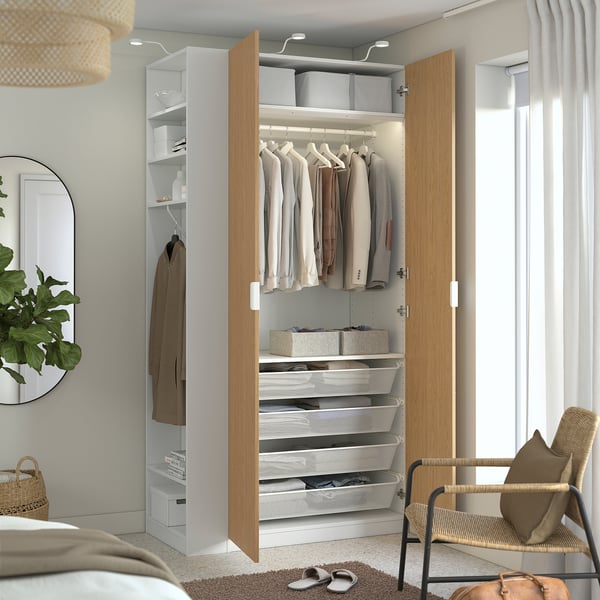 PAX / STORKLINTA wardrobe combination, white oak effect/white, 120x60x236 cm