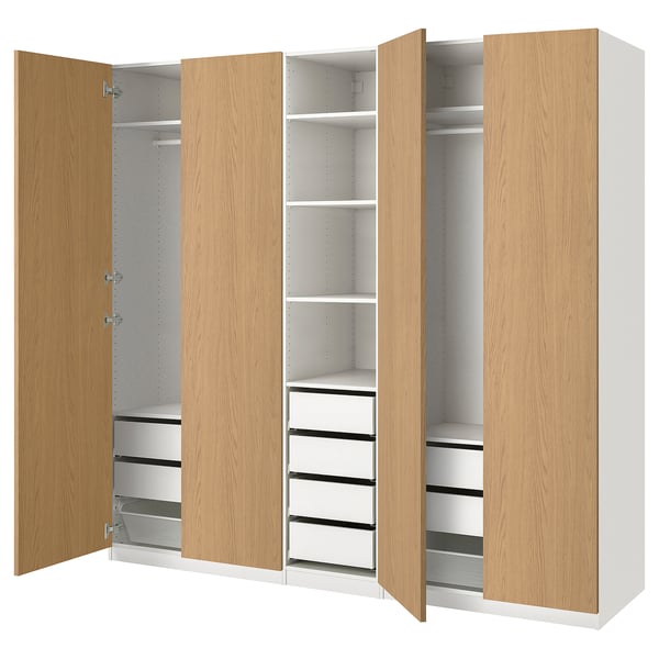 PAX / STORKLINTA wardrobe combination, white/oak effect, 250x58x236 cm
