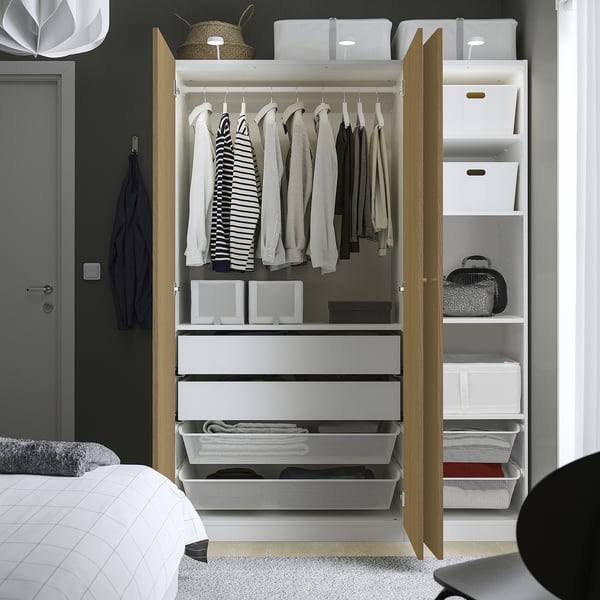 PAX / STORKLINTA wardrobe combination, white/oak effect, 150x60x201 cm