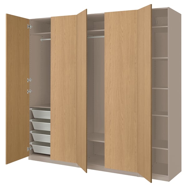 PAX / STORKLINTA wardrobe combination, grey-beige/oak effect, 250x60x236 cm