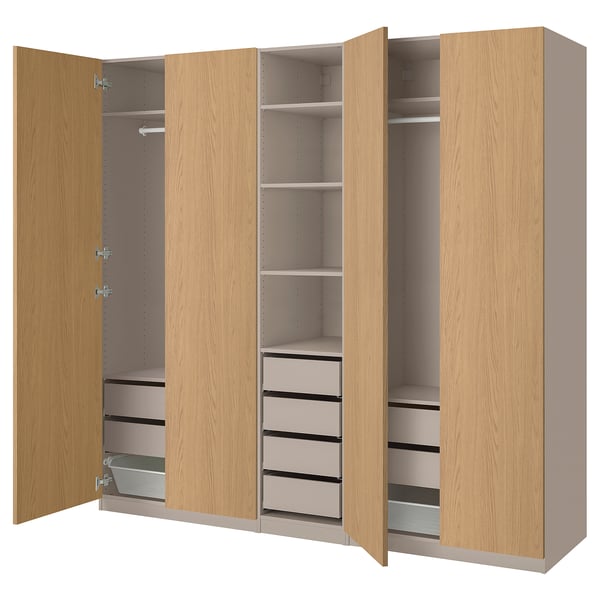 PAX / STORKLINTA wardrobe combination, grey-beige/oak effect, 250x58x236 cm