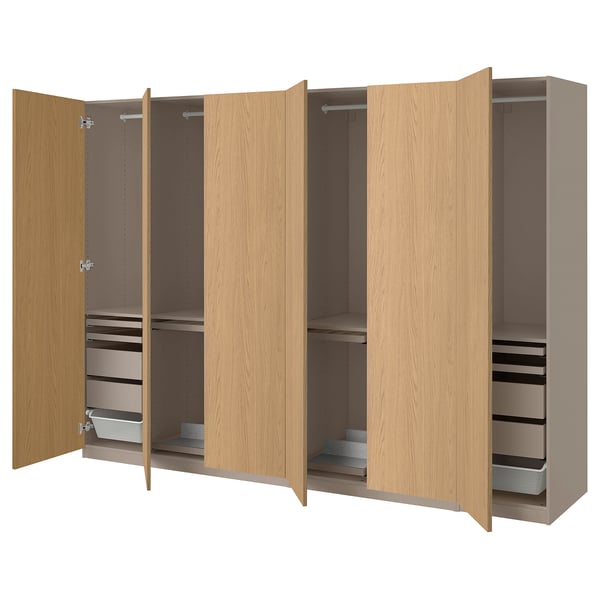 PAX / STORKLINTA wardrobe combination, grey-beige/oak effect, 300x60x201 cm