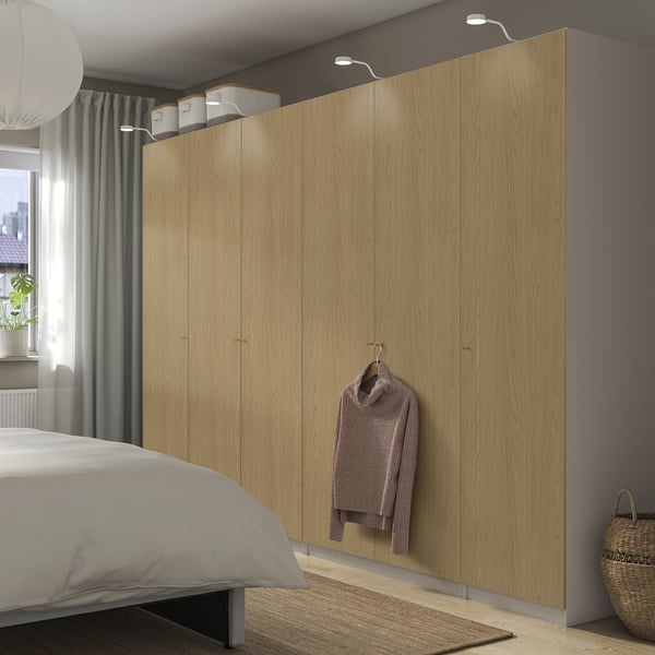 PAX / STORKLINTA wardrobe combination, grey-beige/oak effect, 300x60x201 cm