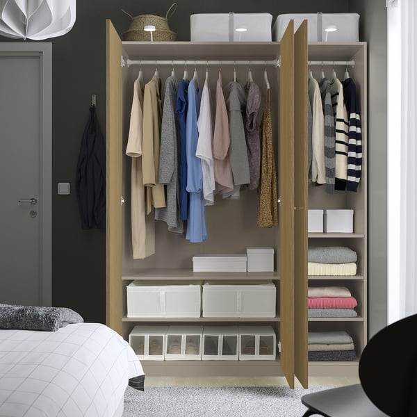 PAX / STORKLINTA wardrobe combination, grey-beige/oak effect, 150x60x201 cm