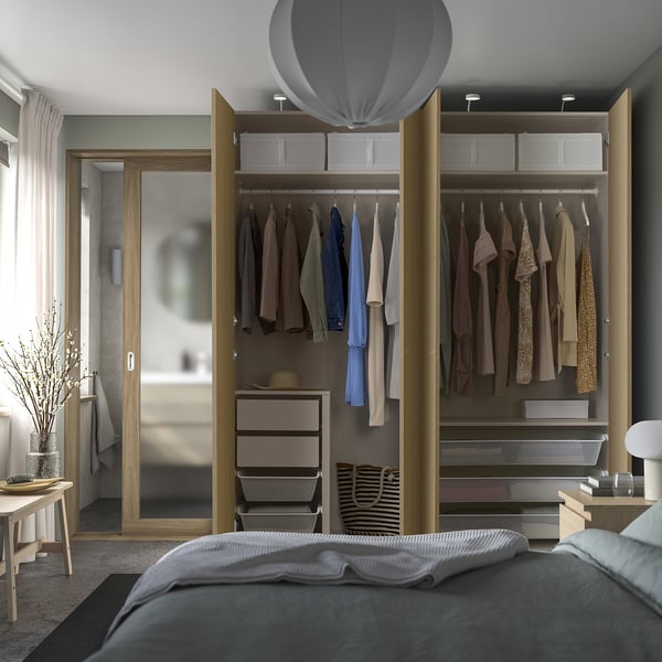 PAX / STORKLINTA wardrobe combination, grey-beige/oak effect, 200x66x236 cm