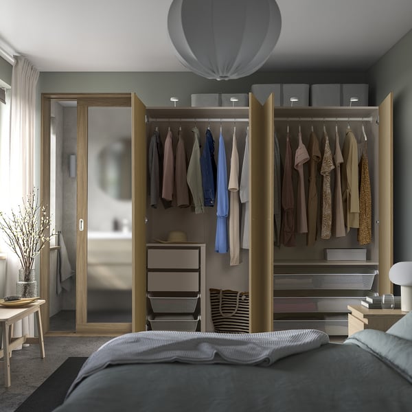 PAX / STORKLINTA wardrobe combination, grey-beige/oak effect, 200x66x201 cm