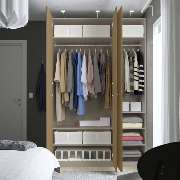 PAX / STORKLINTA wardrobe combination, grey-beige/oak effect, 150x60x236 cm
