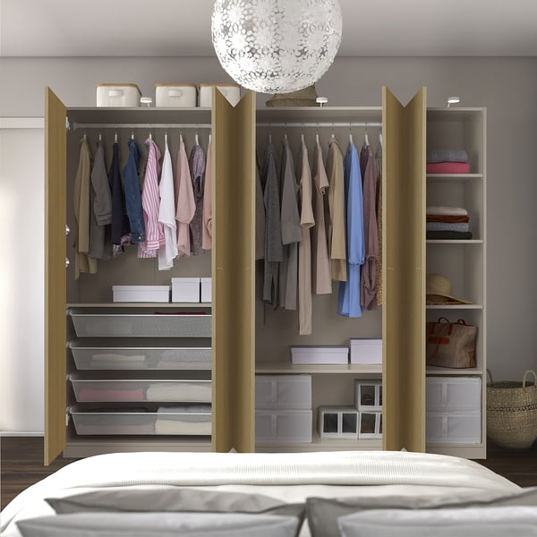 PAX / STORKLINTA wardrobe combination, grey-beige/oak effect, 250x60x201 cm