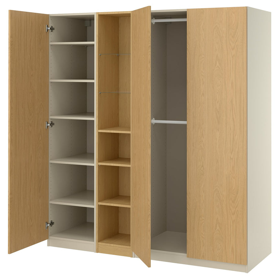 PAX / STORKLINTA wardrobe combination, grey-beige/oak effect, 185x58x201 cm