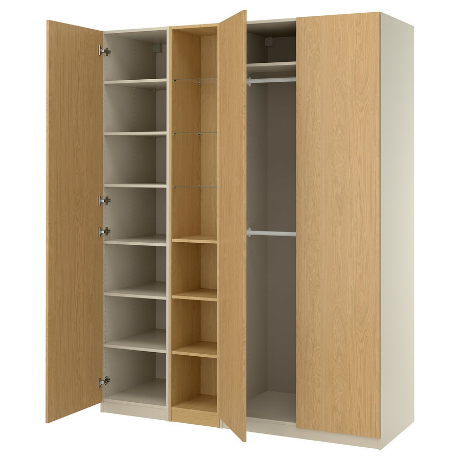 PAX / STORKLINTA wardrobe combination, grey-beige/oak effect, 185x58x236 cm