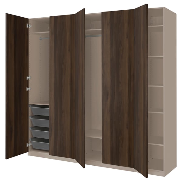 PAX / STORKLINTA wardrobe combination, grey-beige/dark brown stained oak effect, 250x60x236 cm