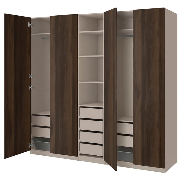 PAX / STORKLINTA wardrobe combination, grey-beige/dark brown stained oak effect, 250x58x236 cm
