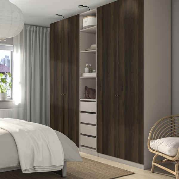 PAX / STORKLINTA wardrobe combination, grey-beige/dark brown stained oak effect, 250x58x236 cm