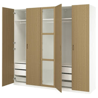 PAX / TONSTAD wardrobe combination, white/oak veneer glass, 250x60x236 cm
