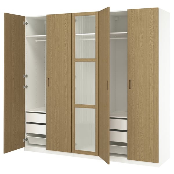 PAX / TONSTAD wardrobe combination, white/oak veneer glass, 250x60x236 cm