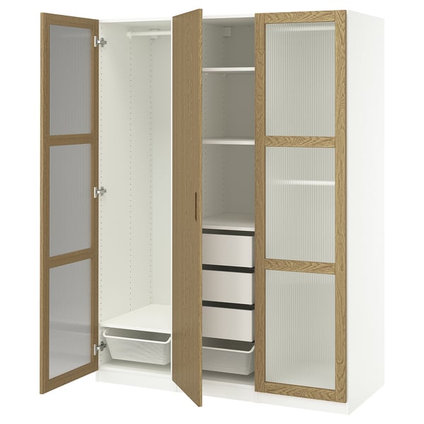 PAX / TONSTAD wardrobe combination, white/oak veneer glass, 150x60x201 cm