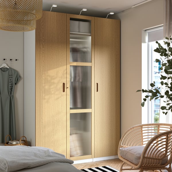 PAX / TONSTAD wardrobe combination, white/oak veneer glass, 150x60x236 cm