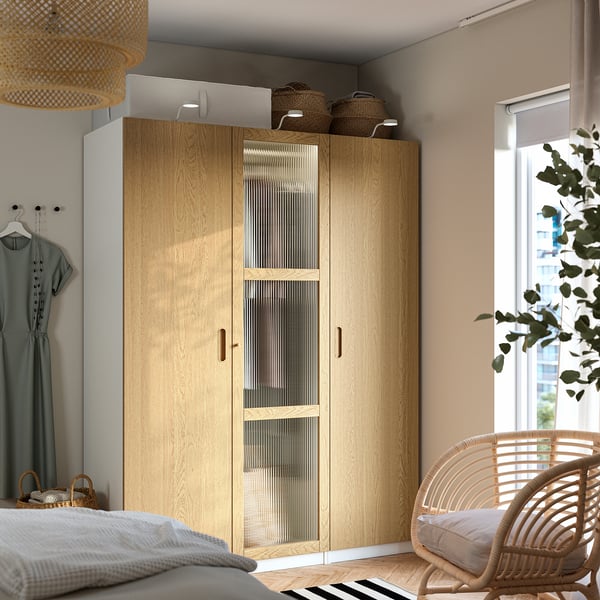 PAX / TONSTAD wardrobe combination, white/oak veneer glass, 150x60x201 cm