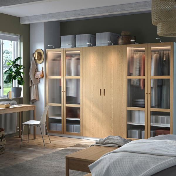 PAX / TONSTAD wardrobe combination, white/oak veneer glass, 300x60x201 cm