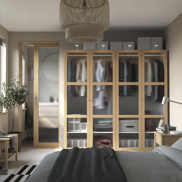 PAX / TONSTAD wardrobe combination, white/oak veneer glass, 200x60x201 cm