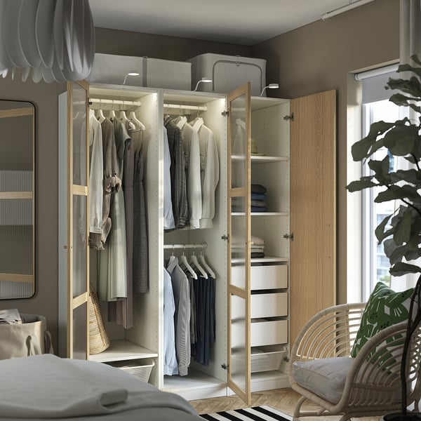 PAX / TONSTAD wardrobe combination, white/oak veneer glass, 150x60x201 cm