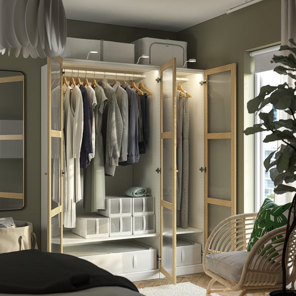 PAX / TONSTAD wardrobe combination, white/oak veneer glass, 150x60x201 cm