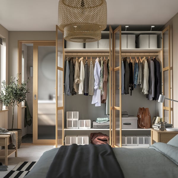 PAX / TONSTAD wardrobe combination, white/oak veneer glass, 200x60x236 cm