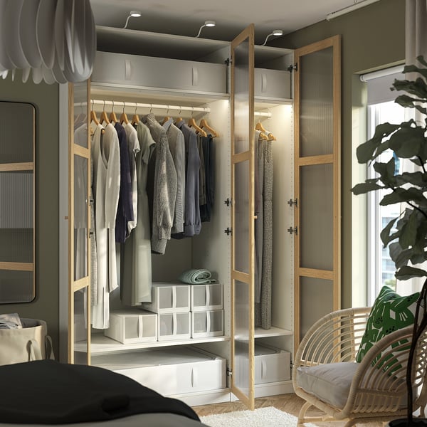 PAX / TONSTAD wardrobe combination, white/oak veneer glass, 150x60x236 cm