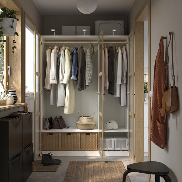 PAX / TONSTAD wardrobe combination, white/oak veneer glass, 150x60x201 cm