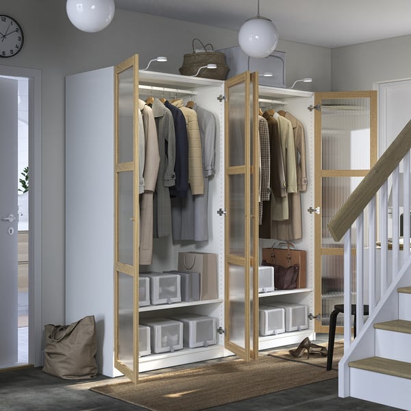 PAX / TONSTAD wardrobe combination, white/oak veneer glass, 200x60x201 cm
