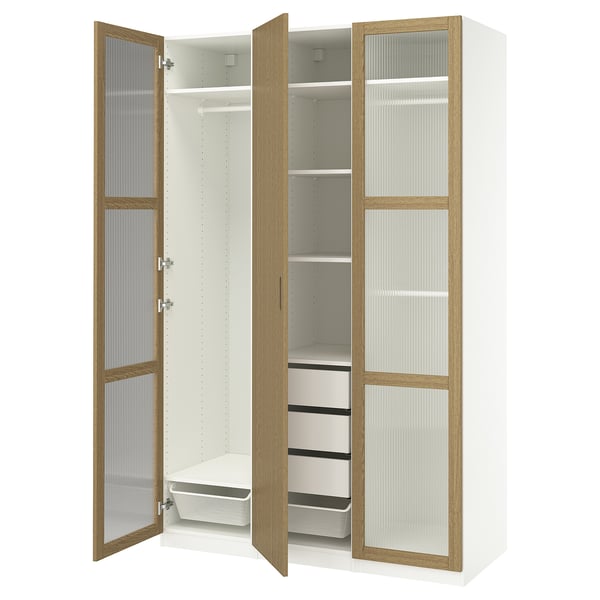 PAX / TONSTAD wardrobe combination, white/oak veneer glass, 150x60x236 cm