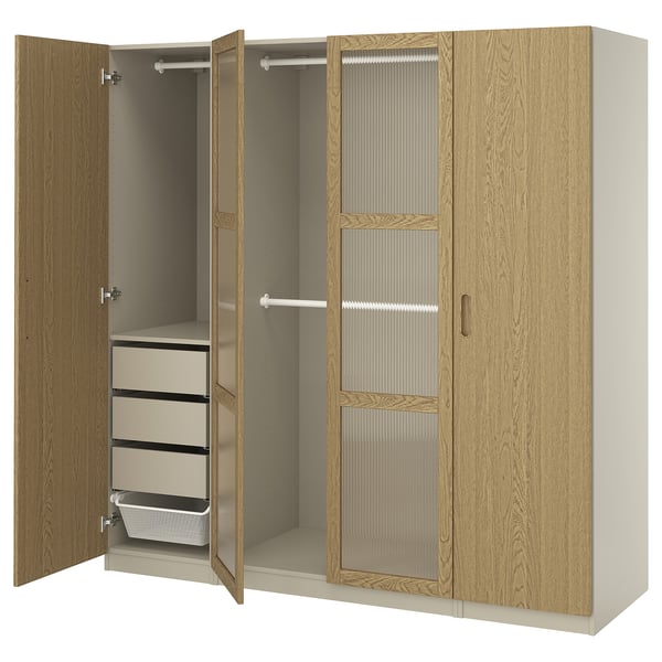PAX / TONSTAD wardrobe combination, grey-beige/oak veneer glass, 200x60x201 cm