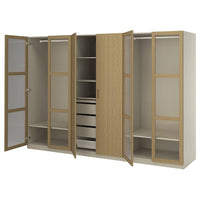PAX / TONSTAD wardrobe combination, grey-beige/oak veneer glass, 300x60x201 cm
